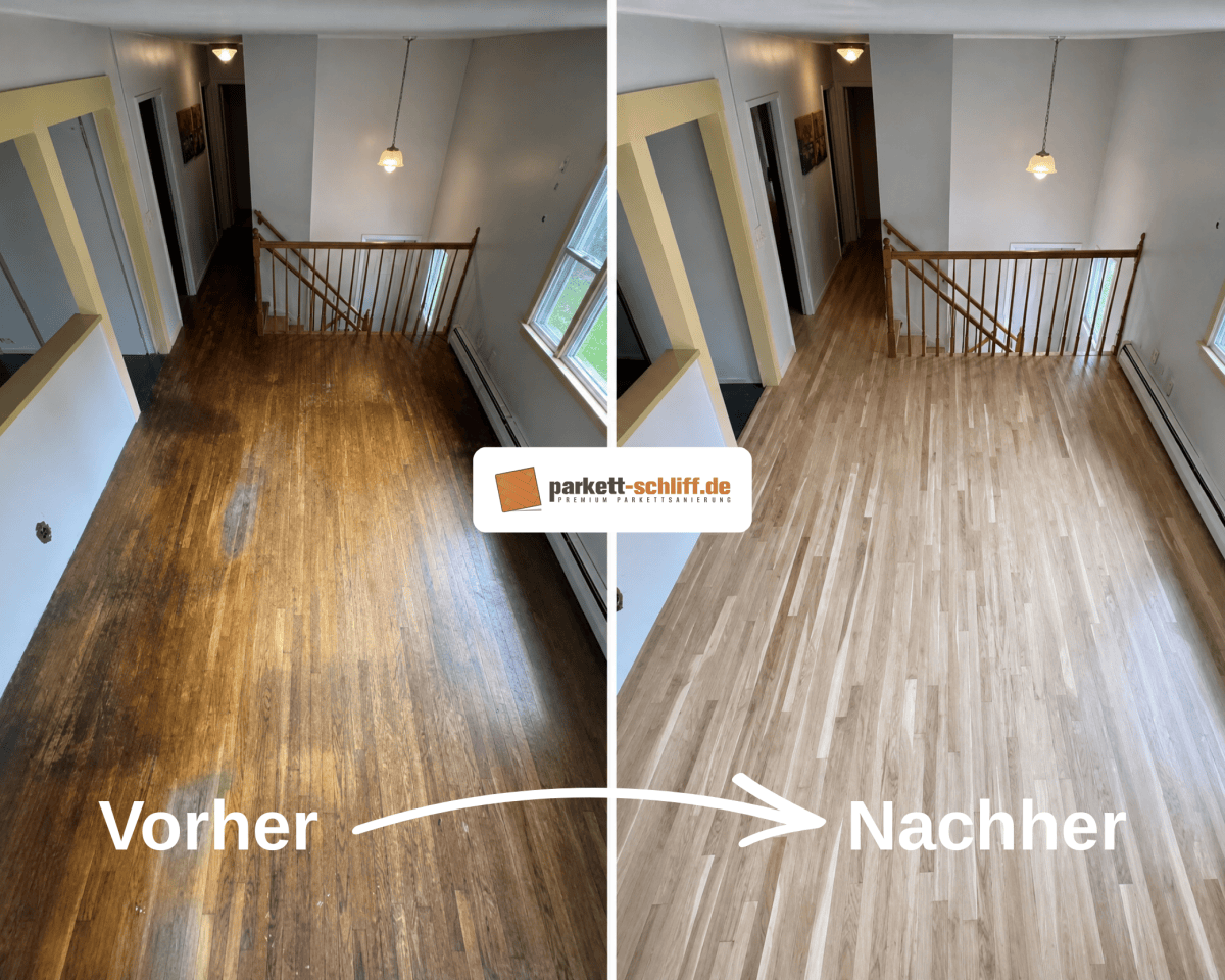 Eichendielen abschleifen: Vorher/Nachher Vergleichs Foto