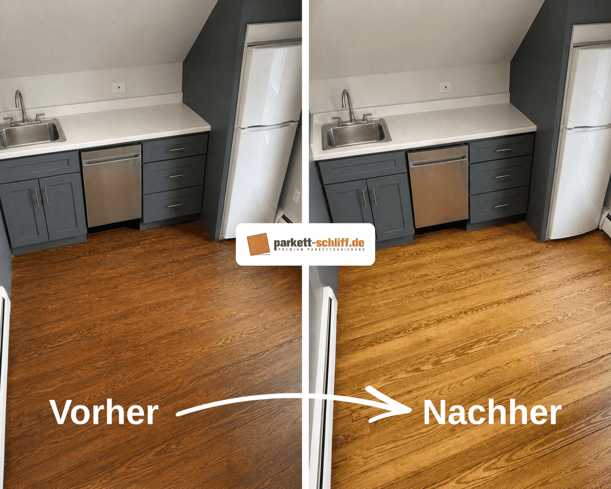 Eichendielen abschleifen: Vorher/Nachher Vergleichs Foto