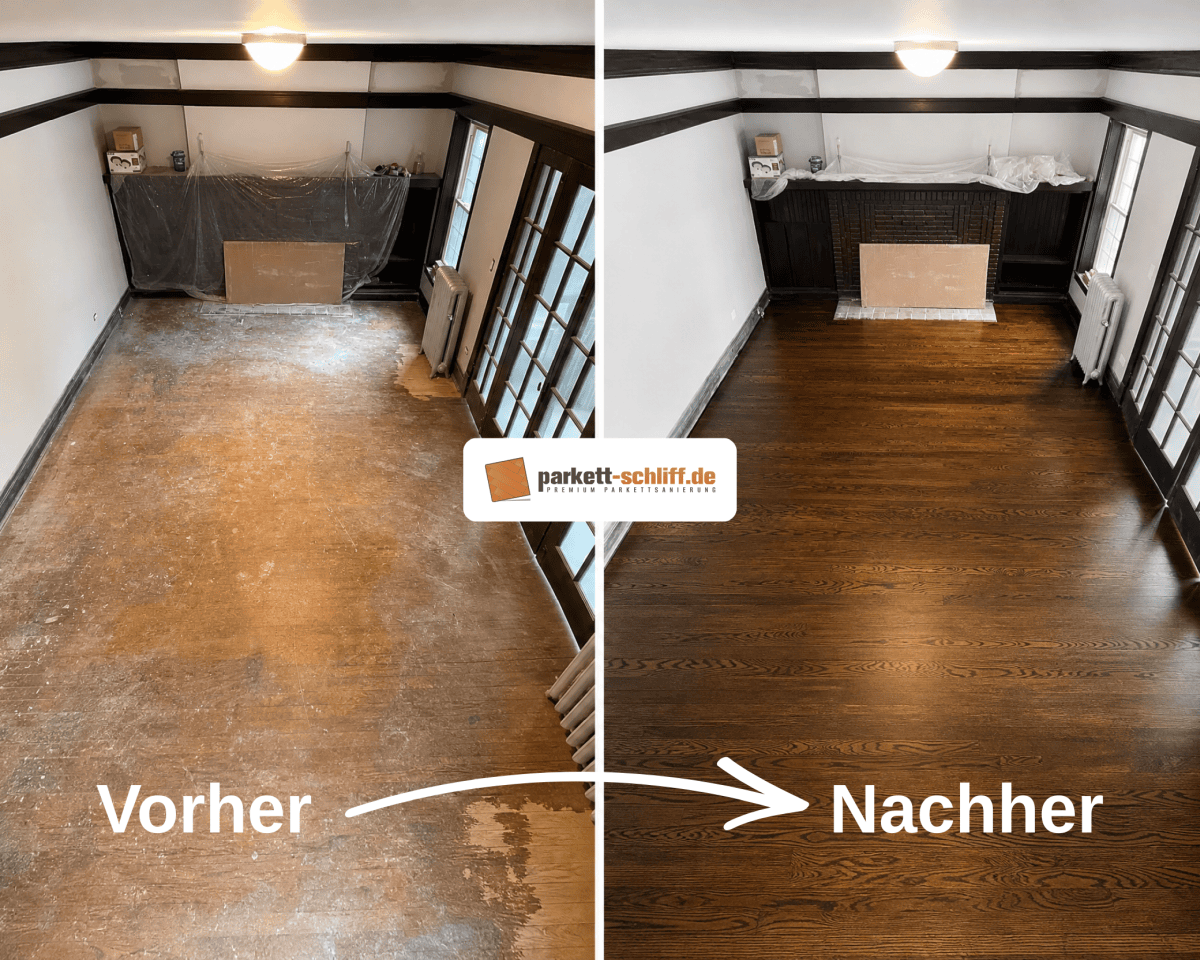 Eichendielen abschleifen und färben: Vorher/Nachher Vergleichs Foto