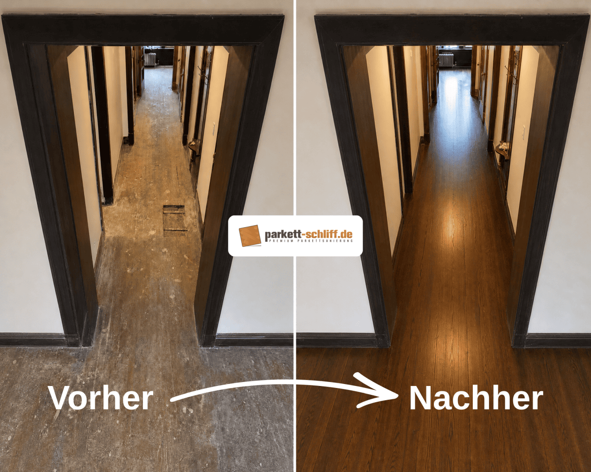 Holzboden abschleifen: Vorher/Nachher Vergleichs Foto