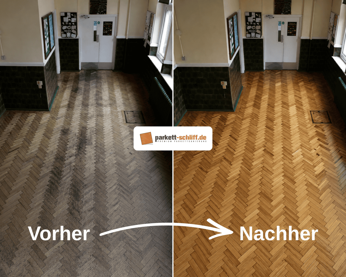 Fischgrät Parkett abschleifen: Vorher/Nachher Vergleichs Foto
