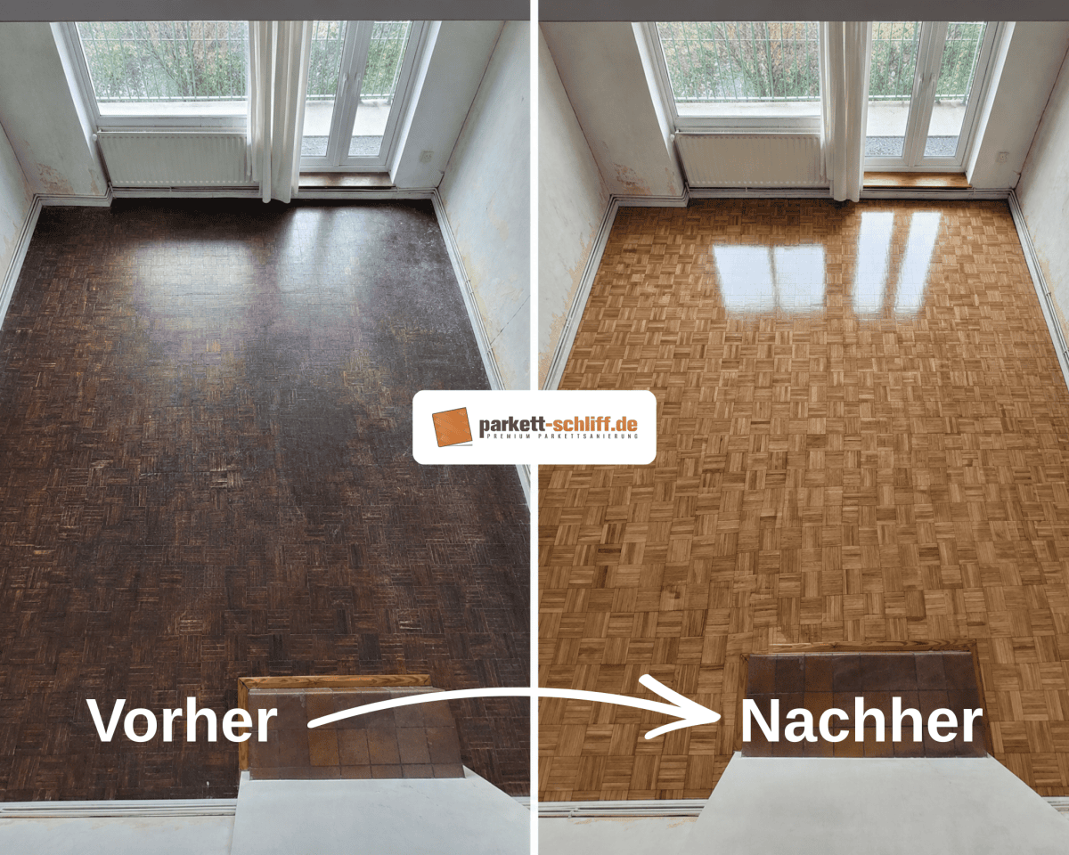 Mosaikparkett abschleifen: Vorher/Nachher Vergleichs Foto