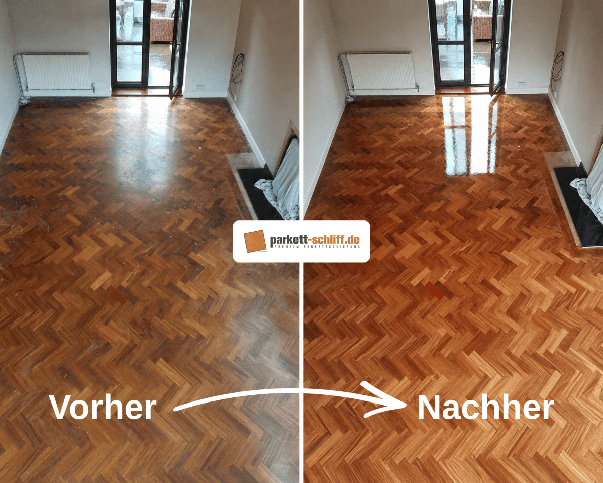 Fischgrät Parkett abschleifen: Vorher/Nachher