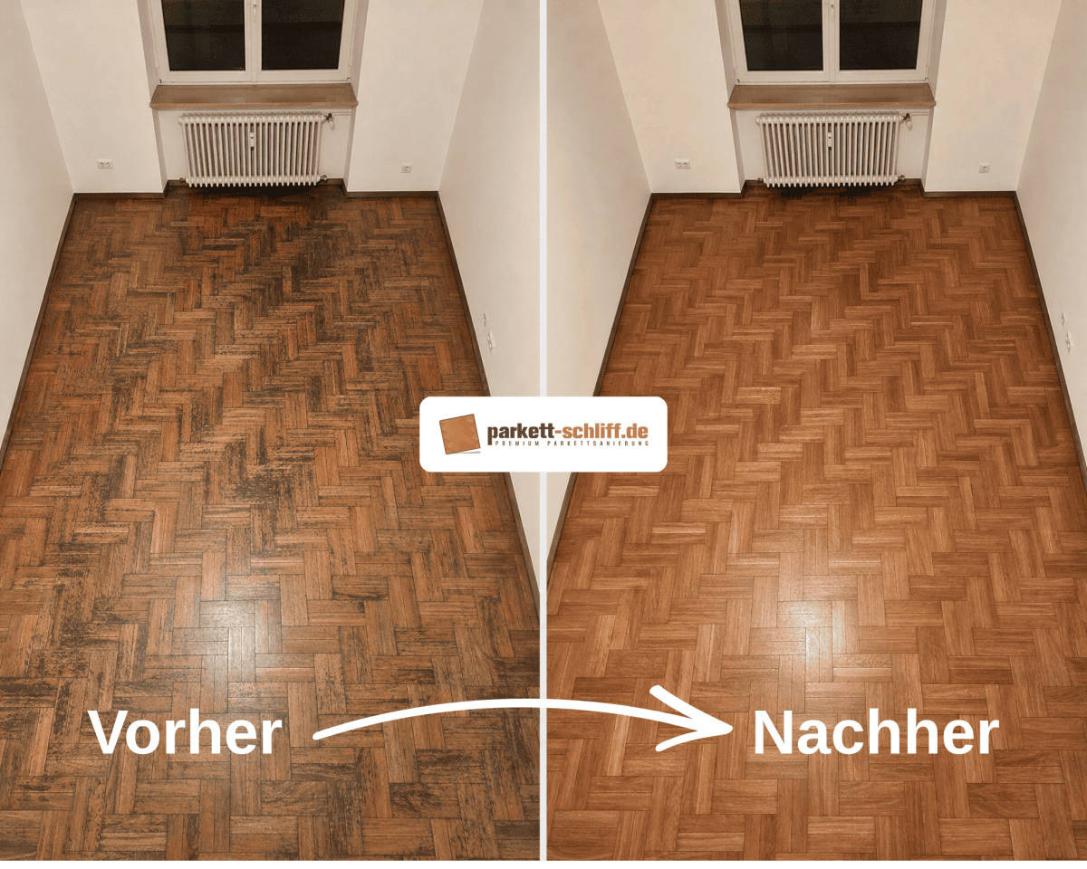 Fischgrät Parkett abschleifen: Vorher/Nachher Vergleichs Foto