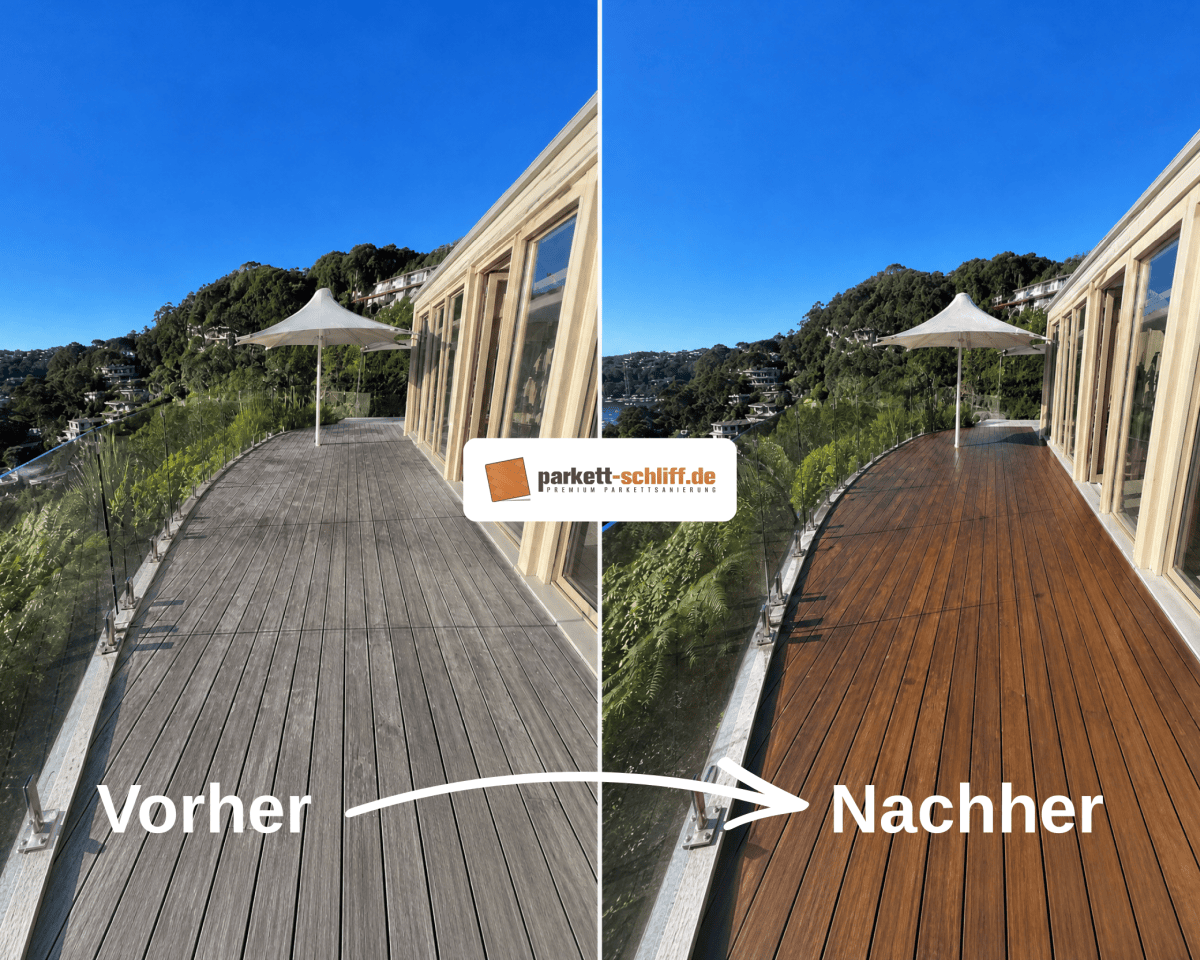 Terrassendielen renovieren: Vorher/Nachher Vergleichs Foto