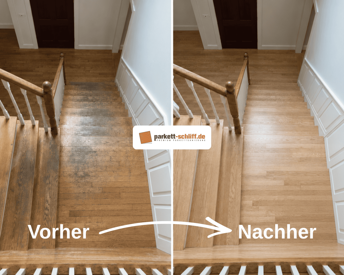 Vorher-Nachher Vergleich einer professionellen Parkettsanierung in einem Treppenhaus.