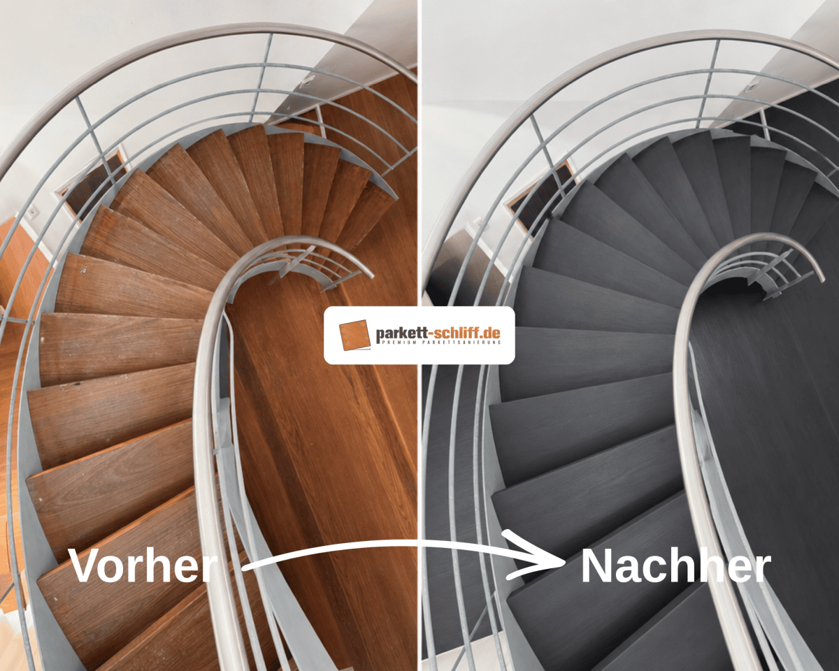 Treppe abschleifen und färben: Vorher/Nachher Vergleichs Foto