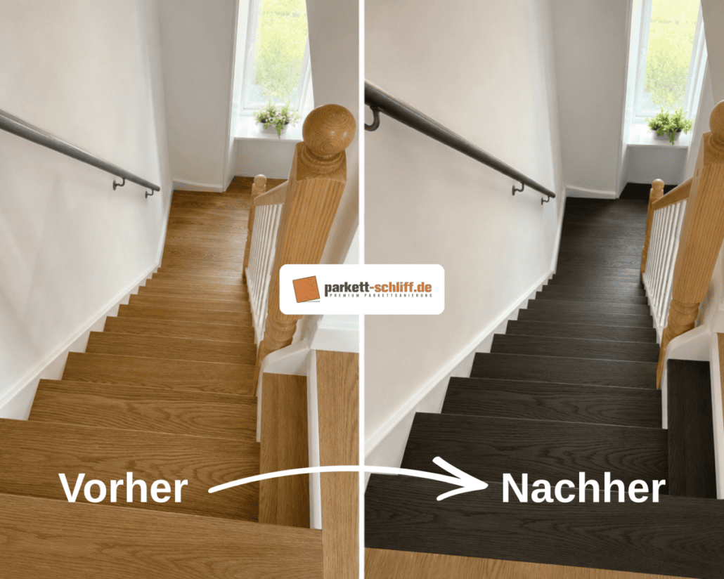 Treppe abschleifen und färben: Vorher/Nachher Vergleichs Foto